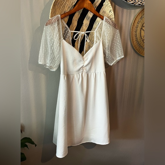 Altar'd State Dresses & Skirts - Altar’d State White Polka Dot Tulle Sleeve Tie Back Minidress